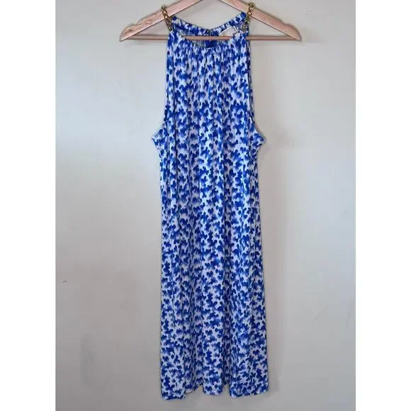 MICHAEL Michael Kors Royal Blue Halter Dress White Print Gold Chain DetaiL XL - Picture 2 of 5